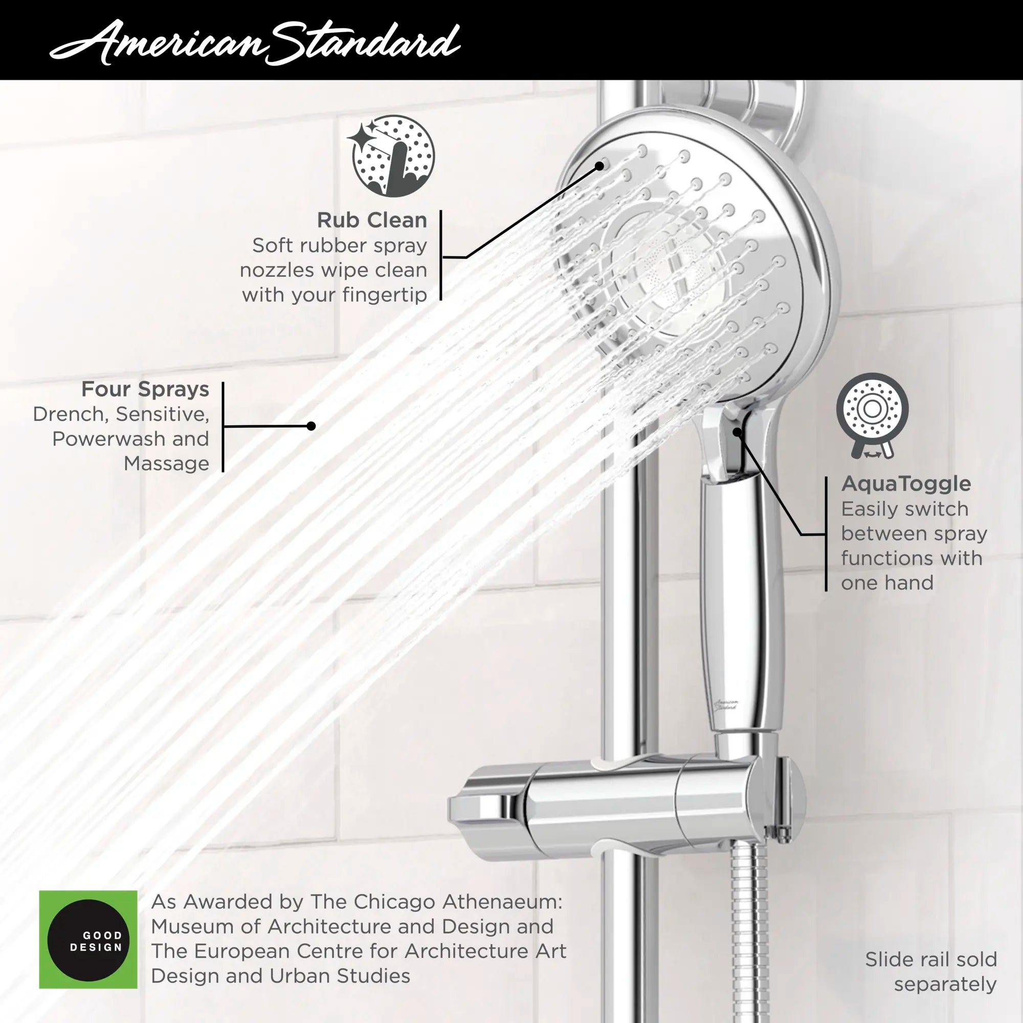 Spectra® Handheld 2.5 gpm/9.5 L/min 5-Inch 4-Function Hand Shower // POLISHED CHROME // 67905_2019_AS_Spectra_9038154_9035154_Infographic_1_0_CDNwebp.webp
