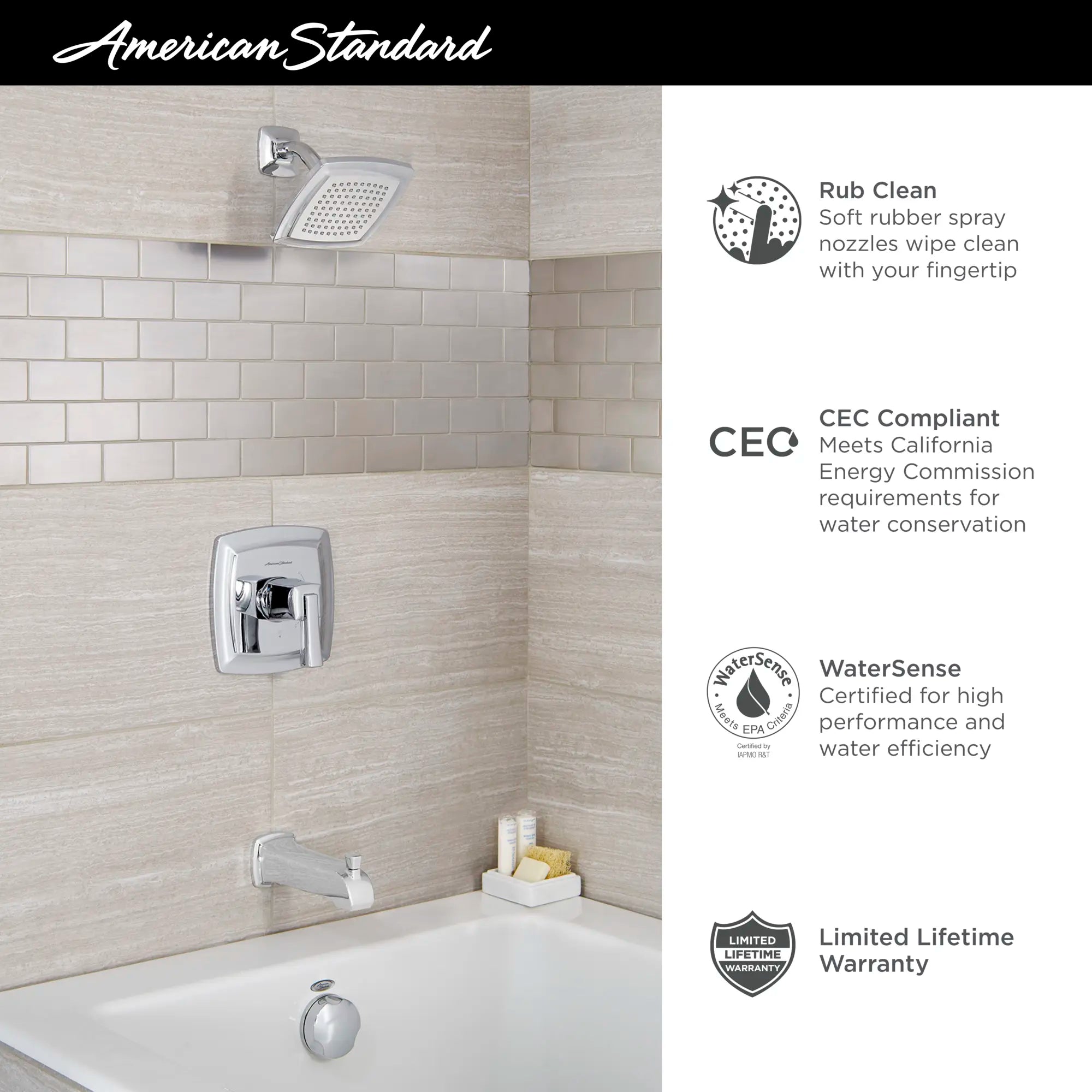 Townsend® 1.75gpm/6.6 L/min Tub and Shower Trim Kit With Water-Saving Showerhead, Double Ceramic Pressure Balance Cartridge With Lever Handle // TUB & SHOWER / 1.75 GPM / POLISHED CHROME // 68185_2019_AS_Townsend_Showers_Infographics_F1_0_CDNwebp.webp